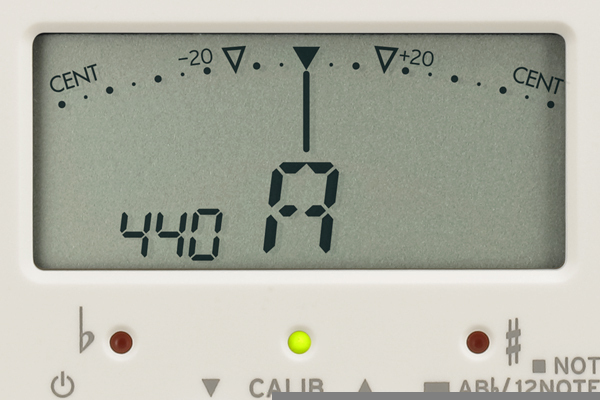 Um medidor em forma de agulha com grande nome de nota de alta visibilidade e nome de string